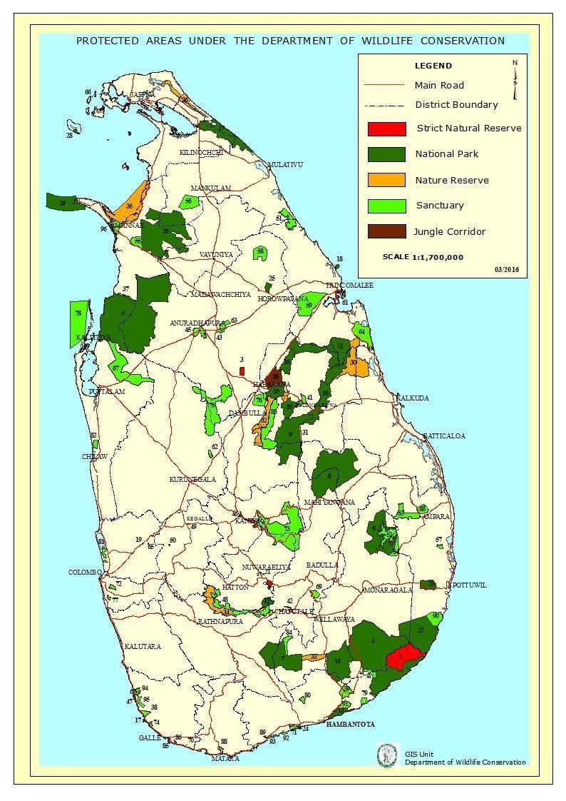 국립 공원 Sri Lanka 지도
